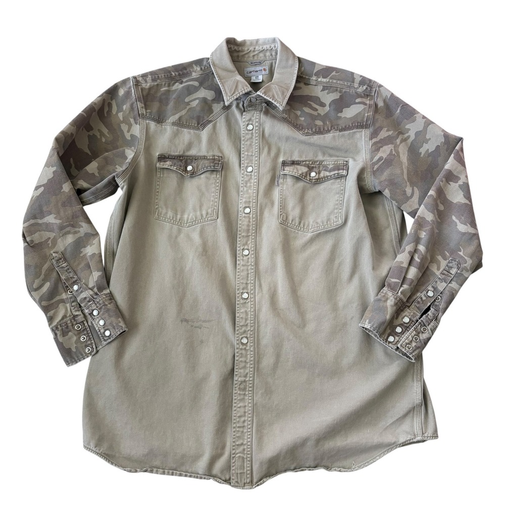 Carhartt Relaxed Fit Western Snap Shirt 2XL Tall Tan Camo Cotton Trashed Outdoor